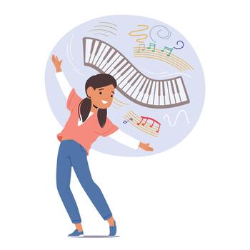 Young Girl Character Enthusiastically Engages In Music Classes, Learning To Play Instruments And Read Notes vector