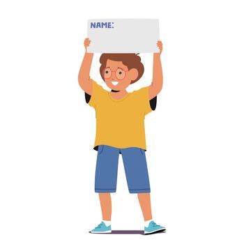 Young Boy Character Holds A Banner Displaying Empty Place Name, His Eyes Brimming With Joy And Excitement vector