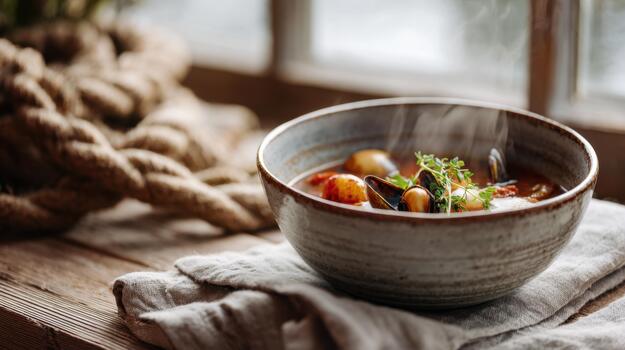 A bowl of soup on a table next to a window photo