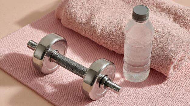 A dumbbell and a bottle of water on a towel photo