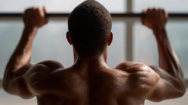 un hombre es haciendo Halar UPS en frente de un ventana foto