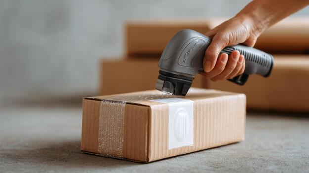 A person is holding a handheld device and using it to open a box photo