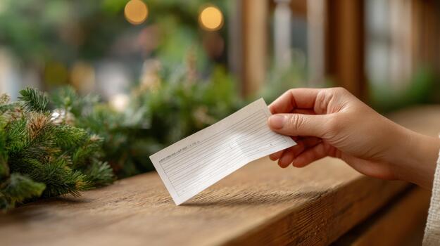 A person holding a piece of paper with a christmas tree in the background photo
