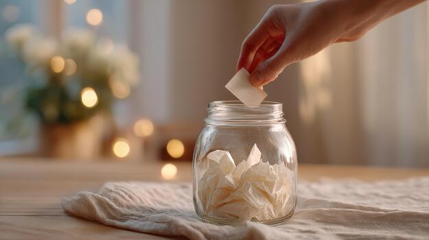 A woman's hand putting a piece of paper in a jar with a jar of white tissue photo