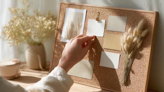 Woman's hand on cork board with photos and notes