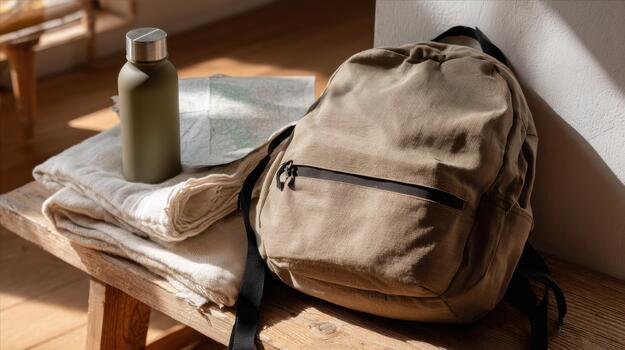 A backpack, a map and a bottle sit on a wooden table photo
