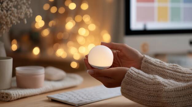 A person holding an egg lamp in front of a computer photo