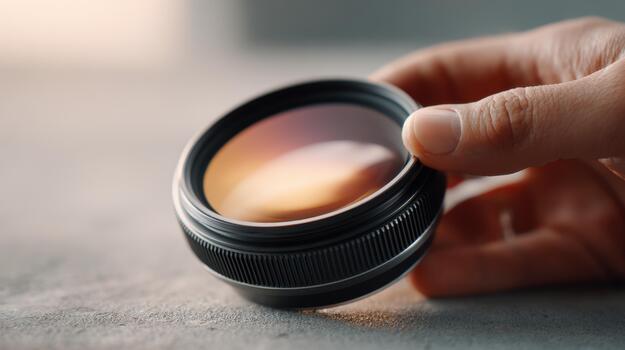 A person holding a camera lens with a flash photo