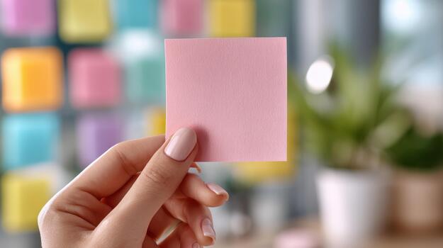 A person holding up a piece of paper with sticky notes photo