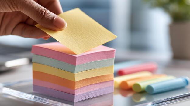 un persona poniendo un pedazo de papel en parte superior de un apilar de de colores pegajoso notas foto