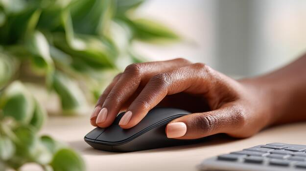 A person's hand is holding a mouse on a desk photo