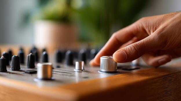 A person is playing a synthesizer on a mixer photo