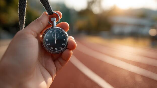 A person holding a stopwatch on a running track photo