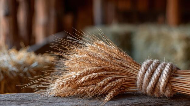 A bundle of wheat is tied to a wooden table photo