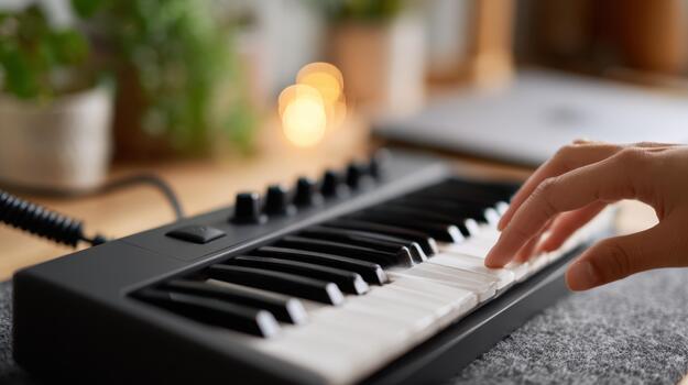 A person is playing an electronic keyboard on a table photo