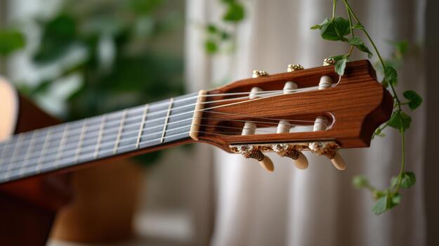 A close up of a guitar with a plant in the background photo