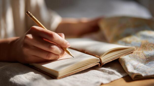 un mujer escritura en un cuaderno con un mapa y bolígrafo en un cama foto
