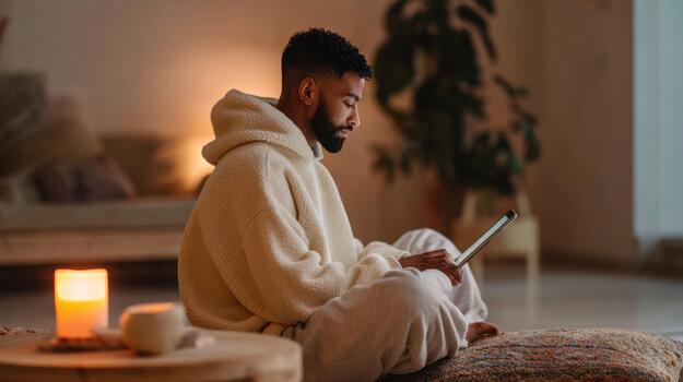 A man in a robe sitting on a rug with a tablet photo
