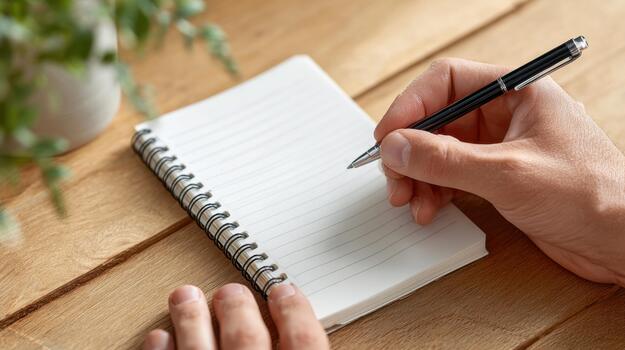A person writing in a notebook on a wooden table photo