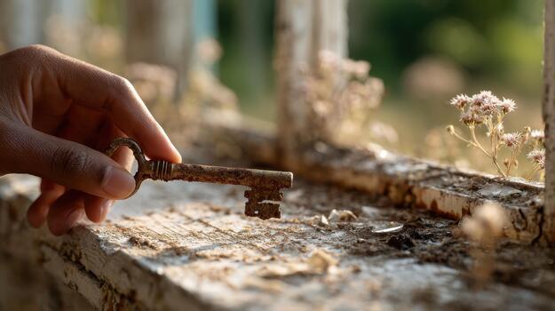 A person holding an old key on a window sill photo
