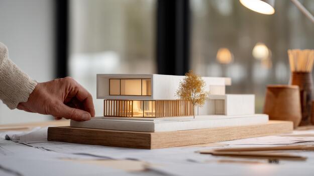 A person is holding a model of a house photo