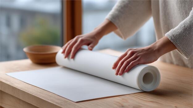A person rolling up a roll of paper on a table photo