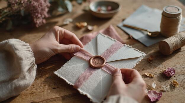 A person is cutting a piece of paper with a wax seal photo