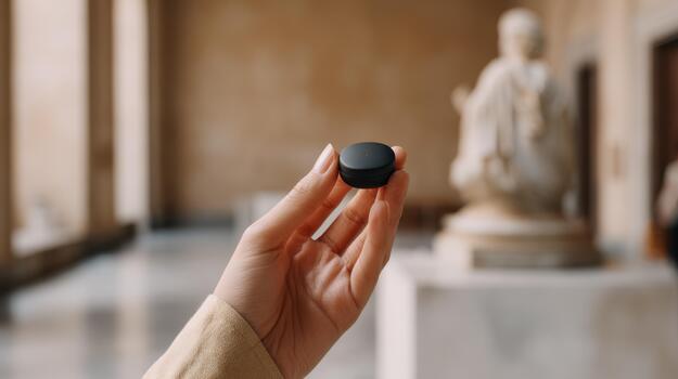 A person holding a small black device in front of a statue photo