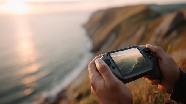 A person holding a camera with a view of the ocean photo
