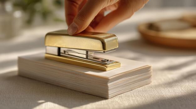 un persona es grapado un oro engrapadora a un apilar de papel foto
