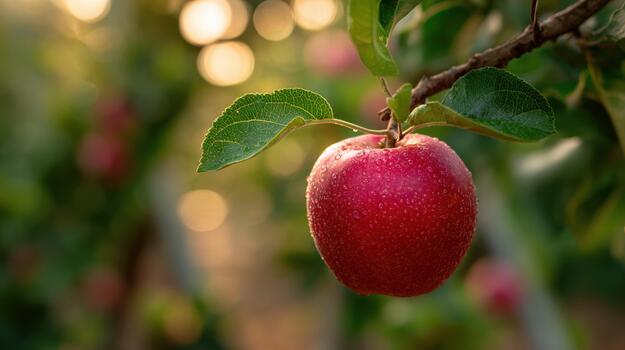An apple is hanging from a tree with leaves photo