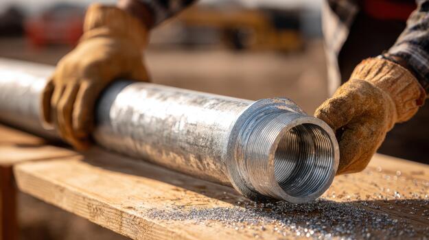 A man is using a pipe to hold a piece of metal photo