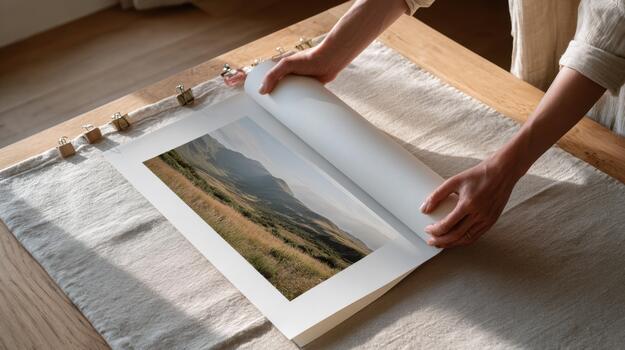 A person is holding a photo book on a table