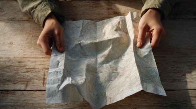 A person holding a map on a wooden table photo