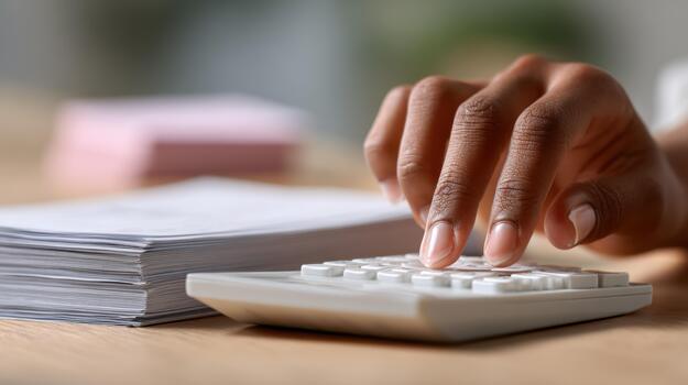 A woman's hand is on a calculator and a stack of papers photo