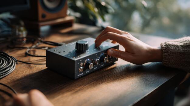 A person is using a microphone on a table photo