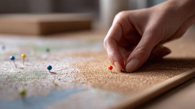 A person is pointing to a map on a cork board photo