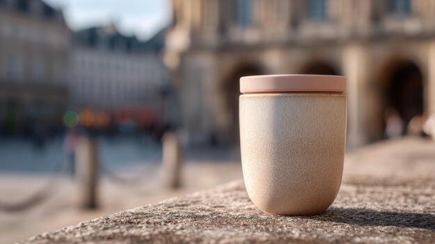 A coffee cup sitting on a ledge in front of a building photo