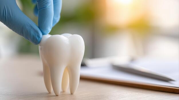 A person holding a tooth model on a desk photo