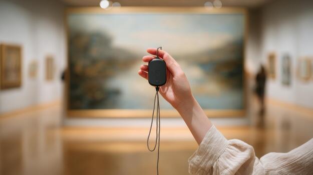 A person holding a remote control in front of a painting photo