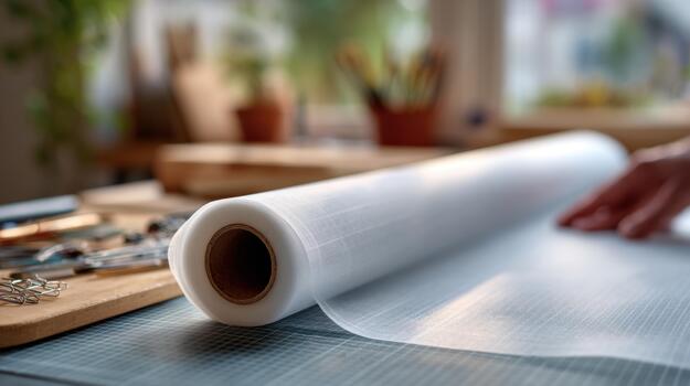 A person is rolling up a roll of plastic on a table photo