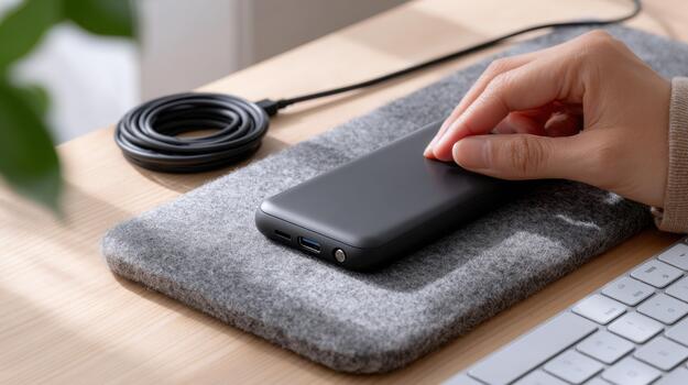 A person is using a mouse and charging their phone photo