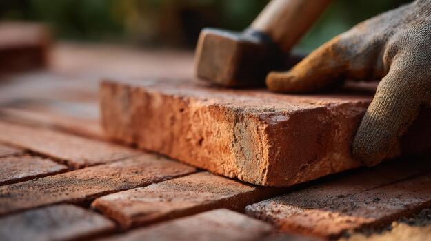 A bricklayer is using a hammer to break up bricks photo