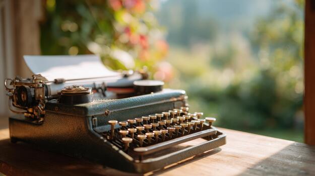 An old typewriter sits on a table in front of a window photo