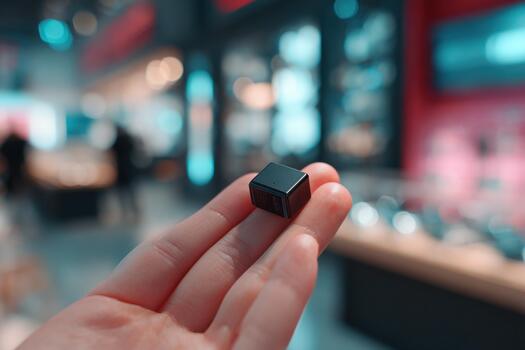 A person holding a small cube in their hand photo