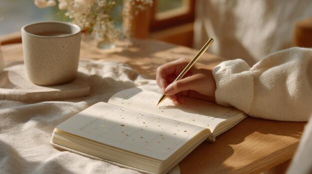 A woman writing in a notebook with a pen on a table photo