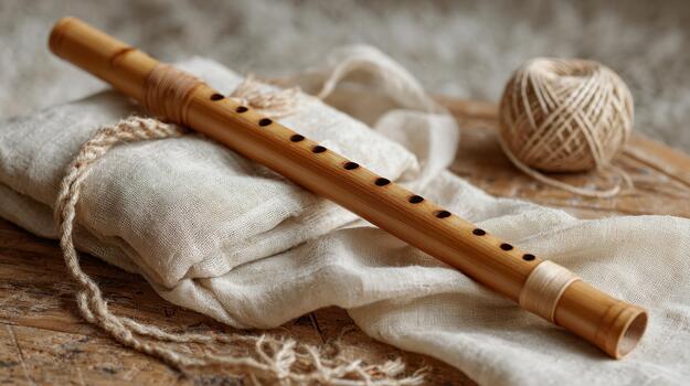 A wooden flute on a cloth with a string of yarn photo