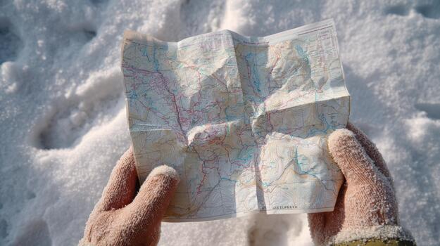 A person holding a map in the snow photo