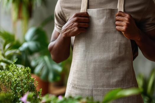 A man wearing an apron is standing in front of plants photo