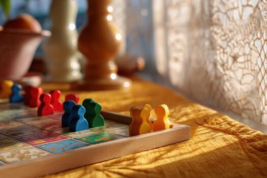 A board game with colorful wooden pieces on a table photo